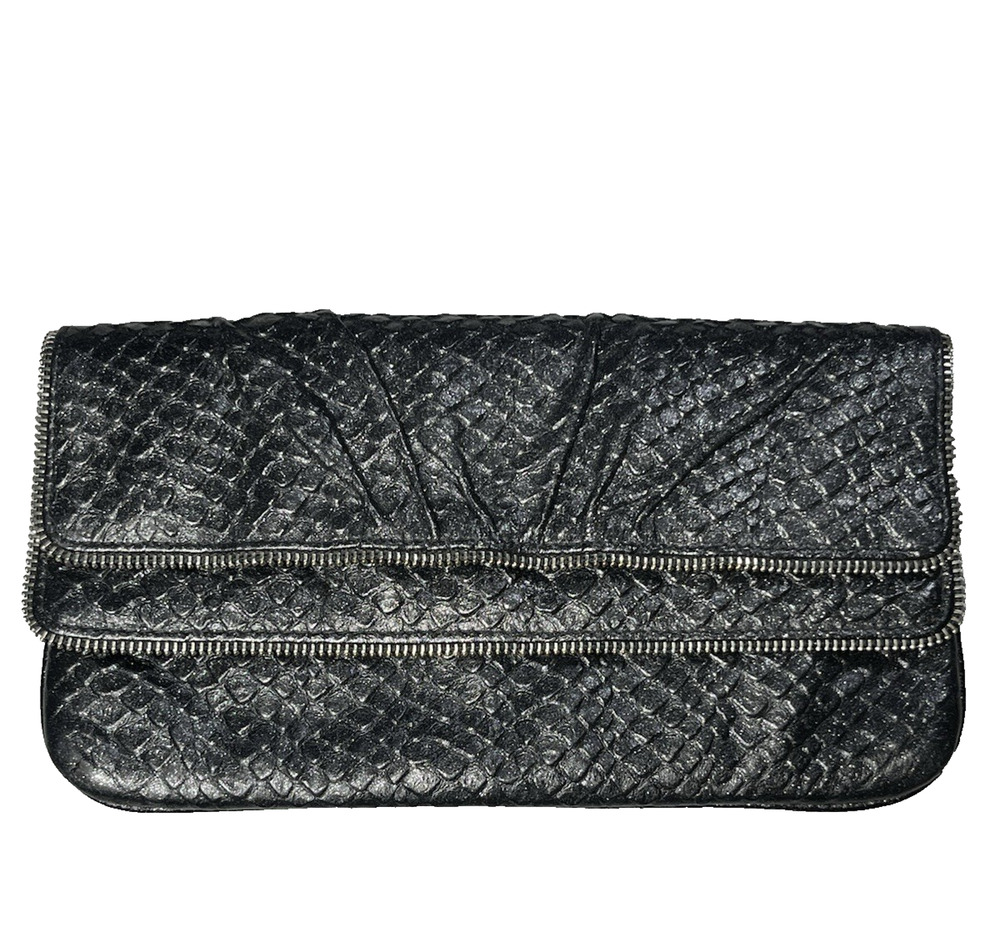 Lauren Merkin Clutch Fold Over Snakeskin Pattern Layered Pockets Zipper Purse